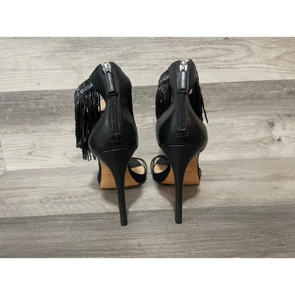 BCBGMAXAZRIA Devine Beaded Fringe Heels Women 8M Black Satin Stiletto Sandals